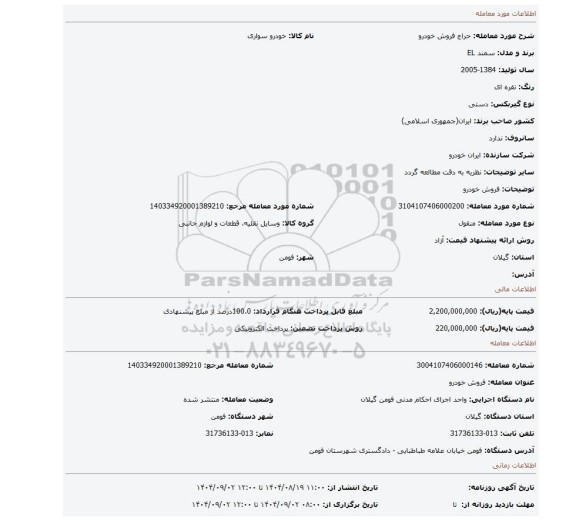 مزایده، فروش خودرو