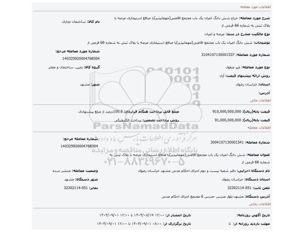 مزایده، شش دانگ اعیان یک باب مجتمع اقامتی(مهمانپذیر)با منافع استیجاری عرصه با پلاک ثبتی به شماره 66 فرعی از