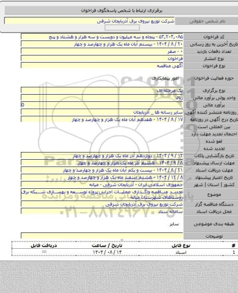 مناقصه, تجدید مناقصه واگذاری عملیات اجرایی پروژه توسعه و بهسازی شبکه برق روستاهای شهرستان میانه