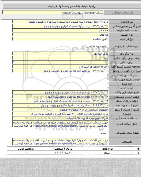 مناقصه, خرید تابلوتوزیع هوایی فلزی ۴۰۰ آمپر سه فیدره با قابلیت رویت پذیری