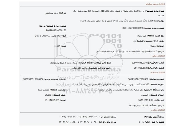 مزایده، 0.306 دانگ مشاع از شش دانگ پلاک 1418 فرعی از 83 اصلی بخش یک کاشان