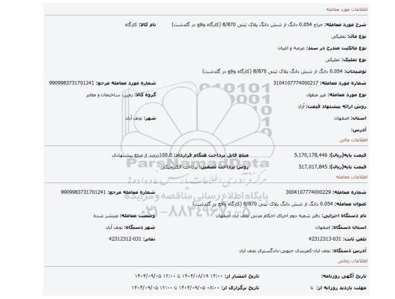 مزایده، 0.054 دانگ از شش دانگ پلاک ثبتی 8/870 (کارگاه واقع در گلدشت)