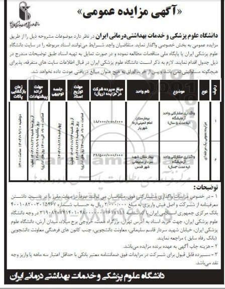 مزایده واگذاری مشارکتی واحد آزمایشگاه (به مدت 5 سال) ... 