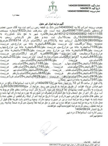 مزایده شش دانگ يك قطعه زمین زراعی 