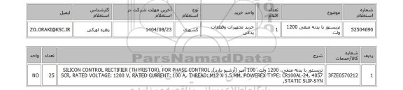 استعلام تریستور با بدنه منفی 1200 ولت