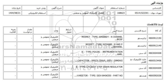 استعلام الکترونیکی، قطعات الکترونیک عمومی و صنعتی