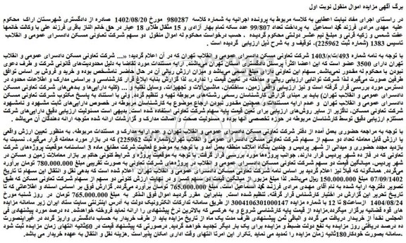 مزایده دو سهم شرکت تعاونی مسکن دادسرای عمومی و انقلاب تاسیس 1383