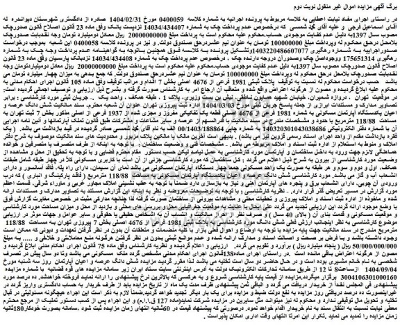 مزایده شش دانگ عرصه و اعیان یکدستگاه آپارتمان مسکونی به شماره 1981 فرعی از 4676 اصلی قطعه یک تفکیکی مفروز و مجزی شده از 1937 فرعی از اصلی