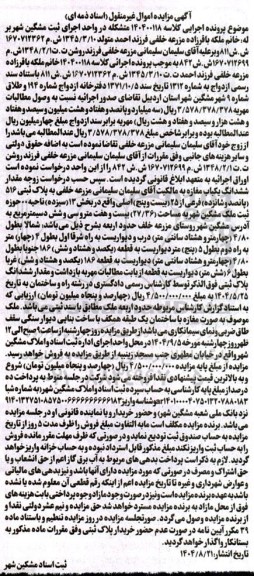 مزایده مقدار ششدانگ یک باب مغازه  به پلاک ثبتی 516  پانصدو شانزده فرعی از 25 بیست و پنج اصلی 