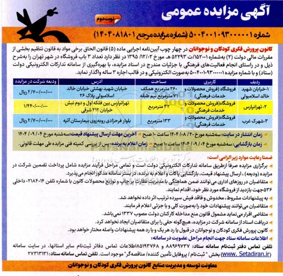 مزایده واگذاری تعداد 3 باب فروشگاه در قالب اجاره 3 ساله- نوبت دوم
