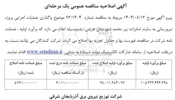 اصلاحیه مناقصه واگذاری عملیات اجرایی پروژه نیرورسانی