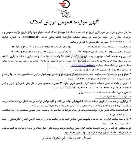 مزایده تعداد 68 مورد از املاک 