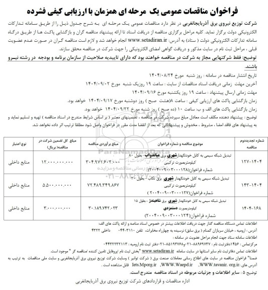 مناقصه تبدیل شبکه سیمی به کابل خودنگهدار شهری برق 