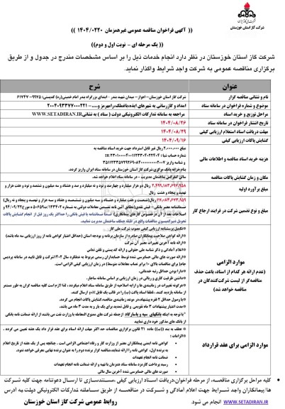 مناقصه امداد و گازرسانی به شهرها