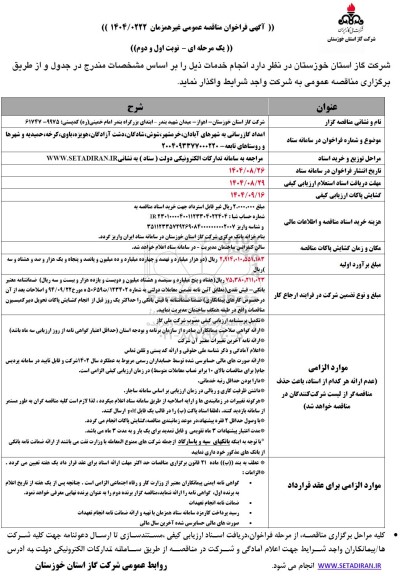 مناقصه امداد و گازرسانی به شهرها