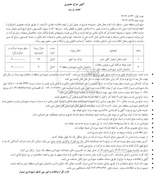 مزایده اجاره محل استقرار کافی شاپ ...