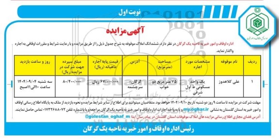 مزایده واگذاری یک واحد مسکونی 