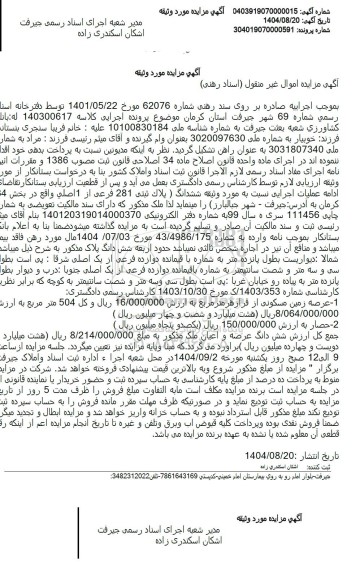 مزایده ششدانگ  پلاک ثبتی 281 فرعی از 1 اصلی واقع در بخش 4