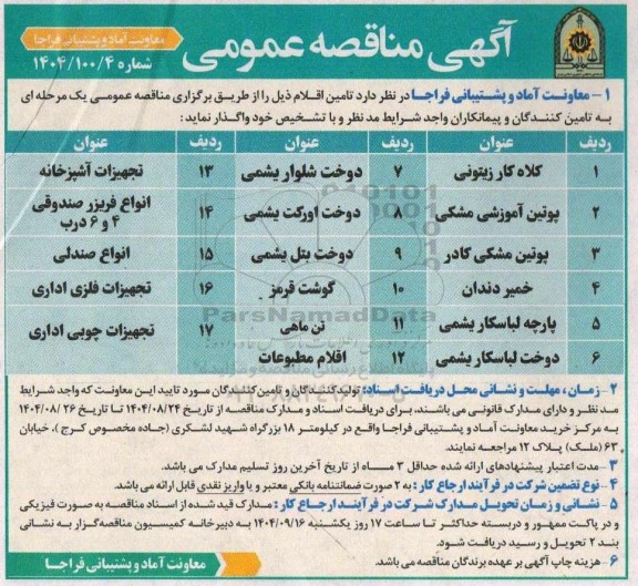 مناقصه تامین اقلام، کلاه کار زیتونی...