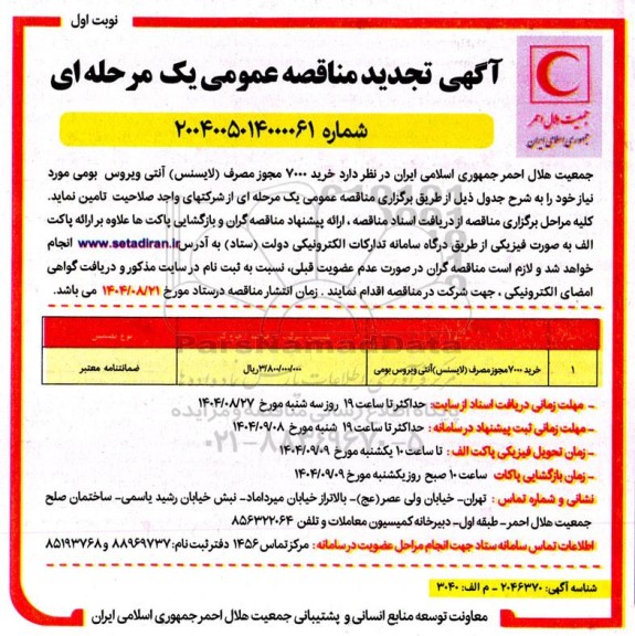 مناقصه خرید 7000 مجوز مصرف