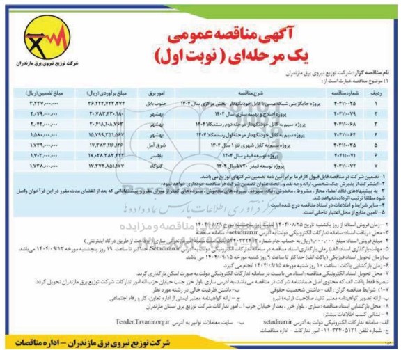 مناقصه پروژه جایگزینی شبکه مسی با کابل خودنگهدار...
