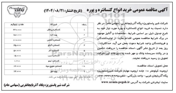 مناقصه عمومی خرید انواع کنسانتره و پوره