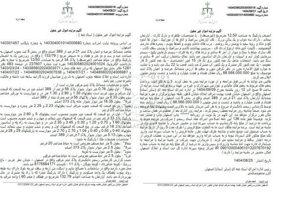 مزایده تمامت ششدانگ یک قطعه زمین به شماره پلاک ثبتی 21 فرعی از 389 اصلی