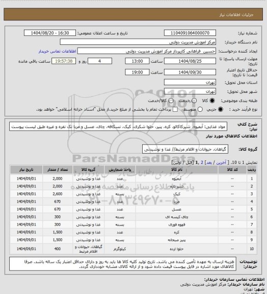 استعلام مواد غذایی: آبمیوه، شیرکاکائو، کره، پنیر، حلوا شکری، کیک، نسکافه، چای، عسل و مربا تک نفره و غیره طبق لیست پیوست