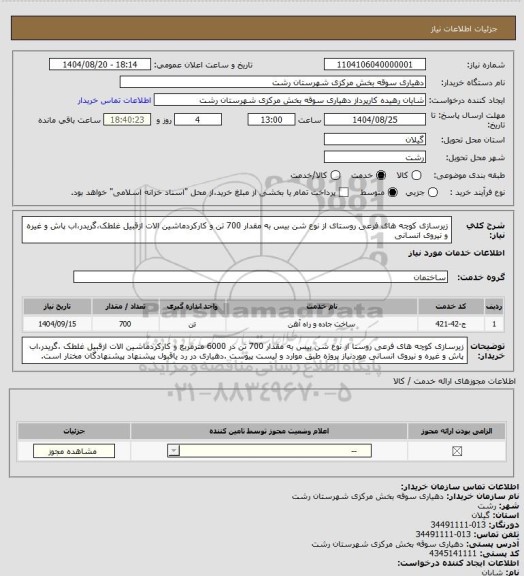 استعلام زیرسازی کوچه های فرعی روستای از نوع شن بیس به مقدار 700 تن و کارکردماشین الات ازقبیل غلطک،گریدر،اب پاش و غیره و نیروی انسانی