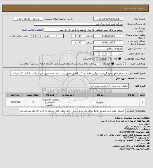 استعلام استعلام تابلو اندازه گیری مشترکین عادی حداکثر 6تایی- طبق لیست مشخصات پیوستی میباشد- 10دستگاه میباشد