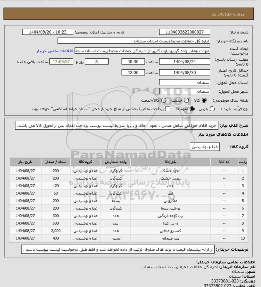 استعلام خرید اقلام خوراکی شامل عدس ، نخود ، چای و ... با شرایط لیست پیوست پرداخت نقدی پس از تحویل کالا می باشد.