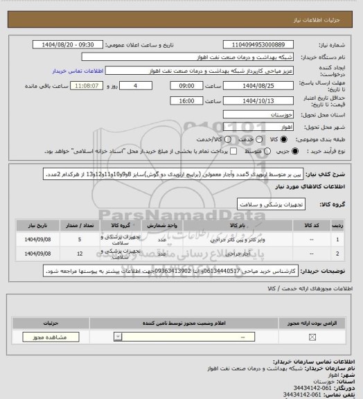 استعلام پین بر متوسط ارتوپدی 5عدد وآچار معمولی (براپیچ ارتوپدی دو گوش)سایز 8و9و10و11و12و13 از هرکدام 2عدد.