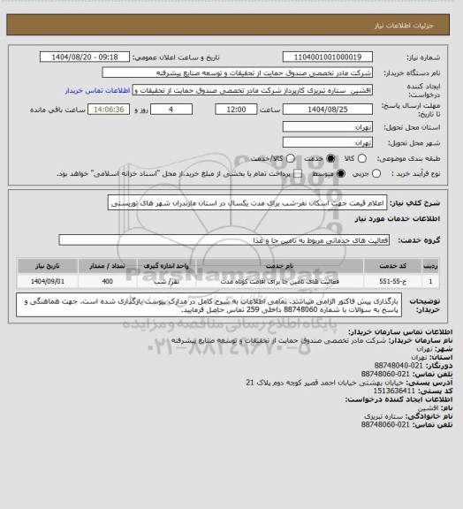 استعلام اعلام قیمت جهت اسکان نفر-شب برای مدت یکسال در استان مازندران شهر های توریستی