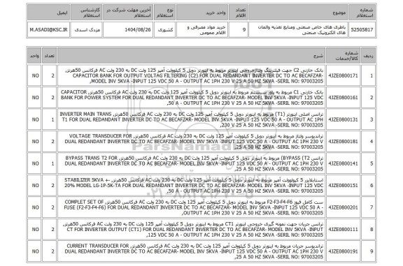 استعلام باطری های خاص صنعتی ومنابع تغذیه والمان های الکترونیک صنعتی