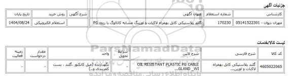 استعلام الکترونیکی، گلند پلاستیکی کابل بهمراه لاکنات و اورینگ مشابه کاتالوگ با رزوه PG