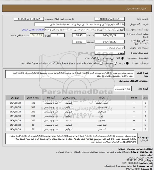 استعلام عدس محلی مرغوب 100ک/جو پوست کنده 300ک/ لوبیا قرمز مرغوب200ک/ لپه  سایز متوسط 200ک/جو پرک 300ک/لوبیا چیتی 50ک/ کشمش پلویی 50 کیلو