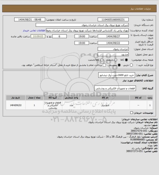 استعلام خرید تابلو 1600جهت برق نیشابور