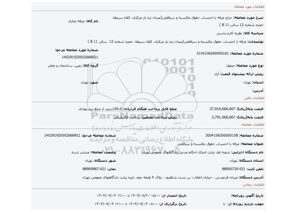 مزایده،  غرفه با احتساب حقوق مکتسبه و سرقفلی(میدان تره بار مرکزی، کلاه سبزها، حجره شماره 12  سالن B 11 )