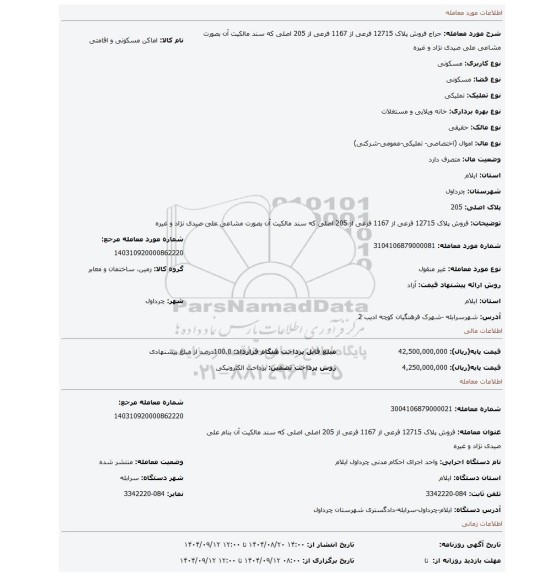 مزایده، فروش پلاک 12715 فرعی از 1167 فرعی از 205 اصلی  که سند مالکیت  آن بصورت مشاعی  علی صیدی نژاد و غیره