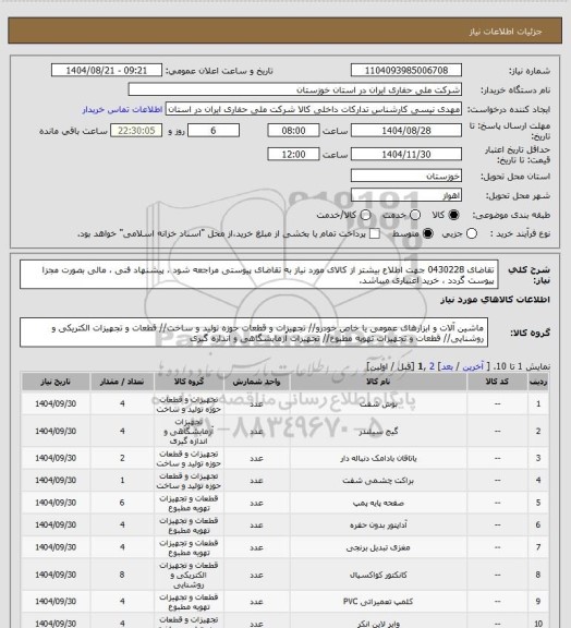 استعلام تقاضای 0430228 جهت اطلاع بیشتر از کالای مورد نیاز به تقاضای پیوستی مراجعه شود ، پیشنهاد فنی ، مالی بصورت مجزا پیوست گردد ، خرید اعتباری میباشد.