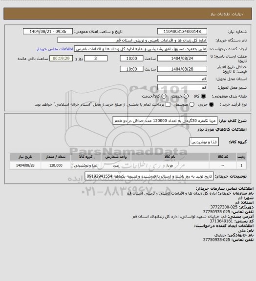 استعلام مربا تکنفره 30گرمی به تعداد 120000 عدد حداقل در دو طعم