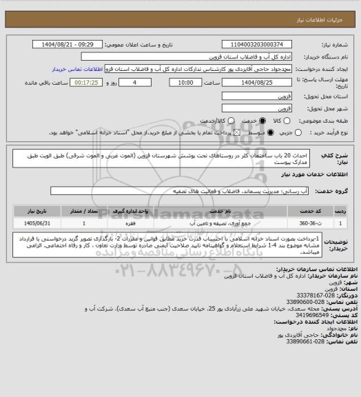 استعلام احداث 20 باب ساختمان کلر در روستاهای تحت پوشش شهرستان قزوین (الموت غربی و الموت شرقی) طبق الویت طبق مدارک پیوست