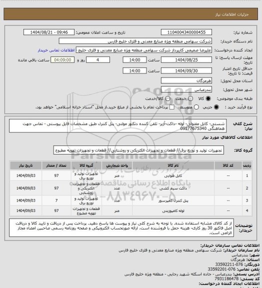 استعلام شستی- کابل مفتولی- لوله -داکت-آژیر- تلفن کننده دتکتور مولتی- پنل کنترل طبق مشخصات فایل پیوستی - تماس جهت هماهنگی 09177675340