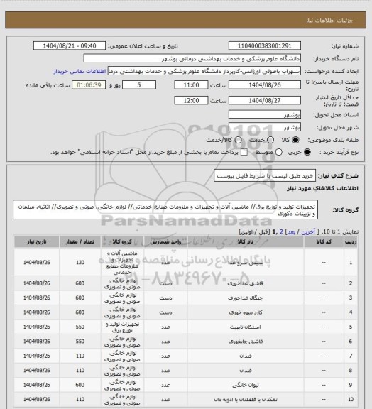 استعلام خرید طبق لیست با شرایط فایبل پیوست