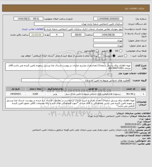 استعلام تهیه ناهاری برای پرسنل شعبه11،تعدادنفرات وشرح جزئیات در پیوست،ارسال غذا پرسنل برعهده تامین کننده می باشد.آقای مرادی 09194071051