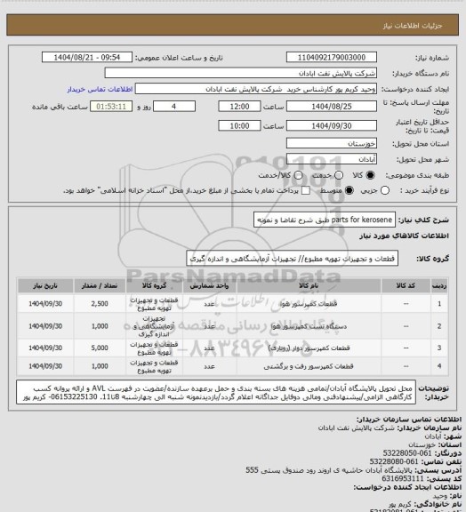 استعلام parts for kerosene طبق شرح تقاضا و نمونه