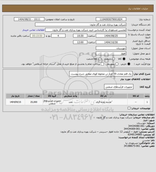 استعلام یک قلم معادل 25 هزار تن مخلوط کوپال مطابق شرح پیوست.
