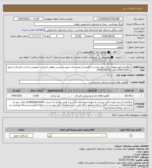 استعلام واگذاری امور عمومی تحت نظر حراست (نگهبانی) بیمارستان شهید قدوسی نهاوند به بخش خصوصی به مدت یکسال از تاریخ 1404/10/01 لغایت 1405/09/30