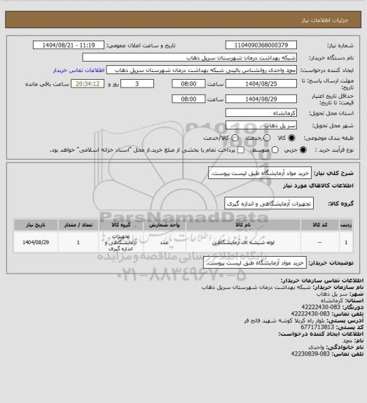 استعلام خرید مواد آزمایشگاه طبق لیست پیوست.