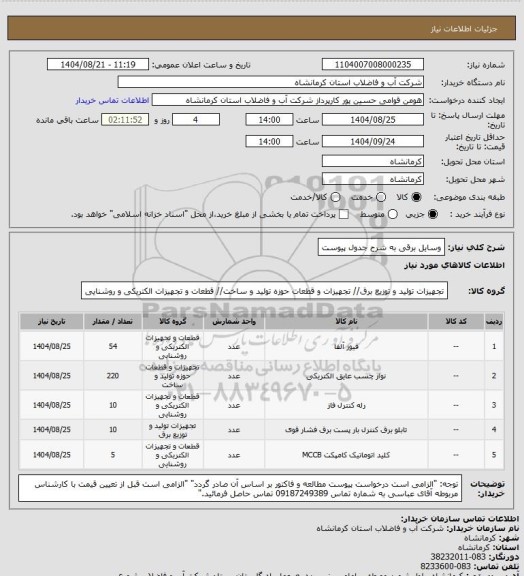 استعلام وسایل برقی به شرح جدول پیوست